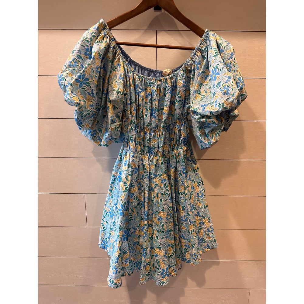 Altard State Blue Floral Puff Sleeve Smocked Mini Dress Womens Medium Cottage